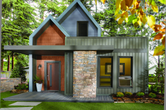 TC_GLW_Seabrooke_Ext_PencilsBox_Horiz_FullHouse_PW_AW_Bronze, exterior, house, modern, trees, blue, grey, brown, stone, grass, bronze, siding