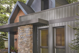 TC_GLW_Seabrooke_Ext_PencilsBox_Horiz_FullHouse_PW_AW_Bronze, exterior, house, modern, trees, blue, grey, brown, stone, grass, bronze, siding