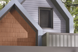 TC_GLW_Seabrooke_Ext_PencilsBox_Horiz_FullHouse_PW_AW_Bronze, exterior, house, modern, trees, blue, grey, brown, stone, grass, bronze, siding